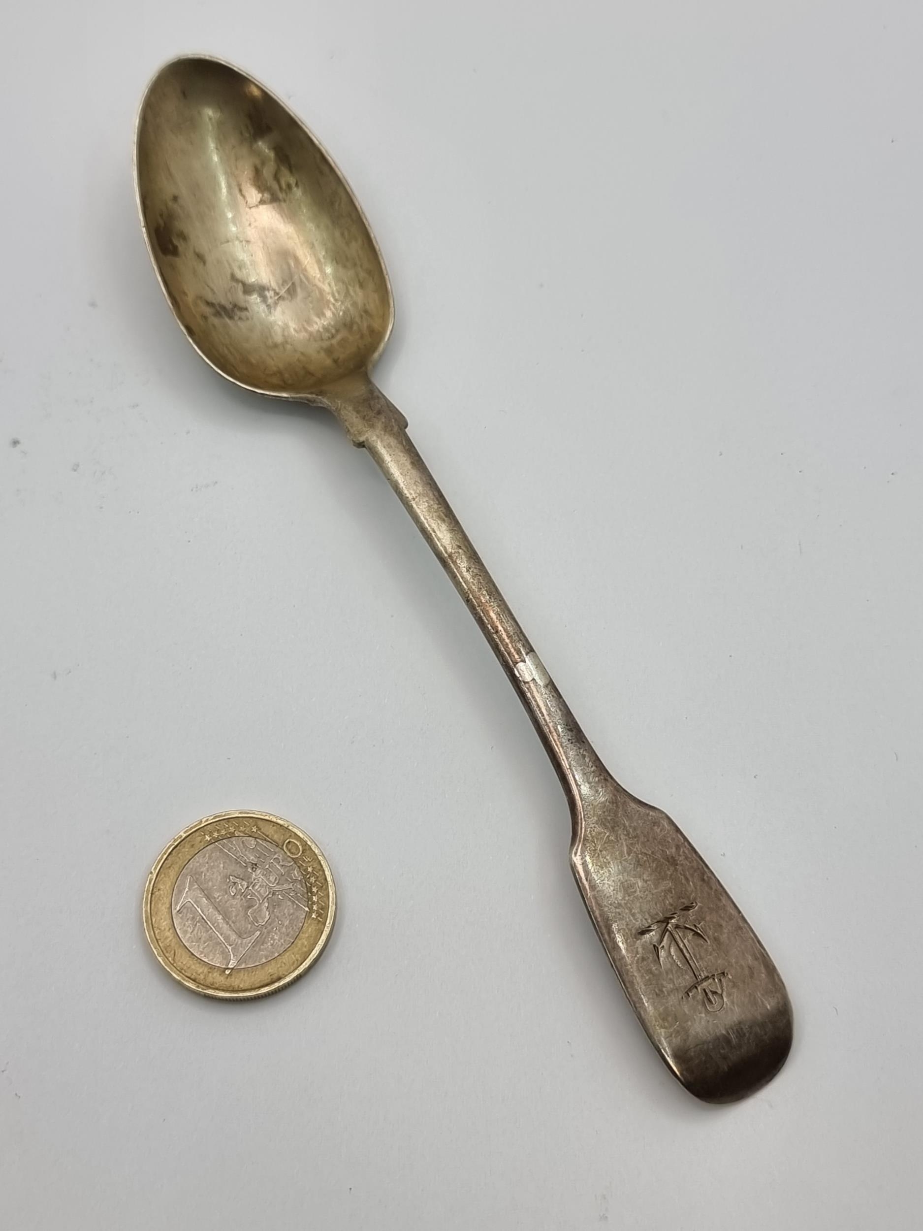 Artwork by John Smyth, A Irish  desert spoon, with fiddle pattern finial and anchor markings. Hallmarked Dublin, Made of silver