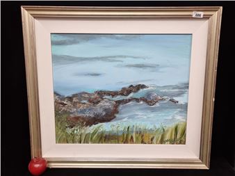 A very large stunning  by listed artist Dara Lynne Lenehan featuring a foaming wave  over a rocky coastline in great texture and colour. 
Mm:cm xcm.

Lenehan is a Dublin based artist whose focus is of Still Life and Figurative works - Dara Lynne Lenehan