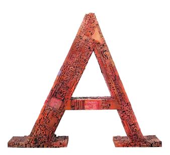 &quot;A-Skulptur&quot;, 1990er Jahre, Holz bemalt, vollplastisches A mit Lettern bestückt, die Flachseiten mit zwei stilisierten Gesichtern bemalt, alle Buchstaben einzeln bestückt, HxBxT: ca. - Andriya Andréa Filipovic