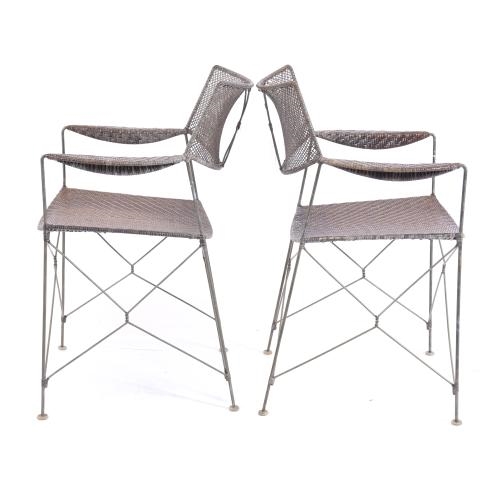 Artwork by Yuzuru Yamakawa, YUZURU YAMAKAWA (1933 - 2012). RATTAN & WIRED FOUR CHAIRS AND HIGH TABLE, Made of metal structure