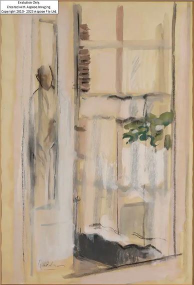 Figure in a doorway;  gouache by Guy Roddon