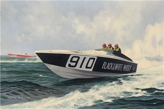 A contemporary signed oil on canvas of powerboats - Michael Burnett