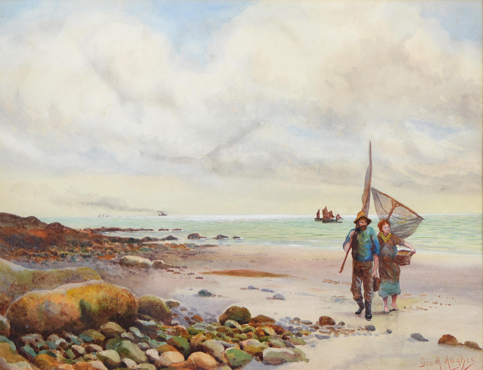 Artwork by George H. Hughes, Fisherman and Fishwife on a Beach, Made of watercolour