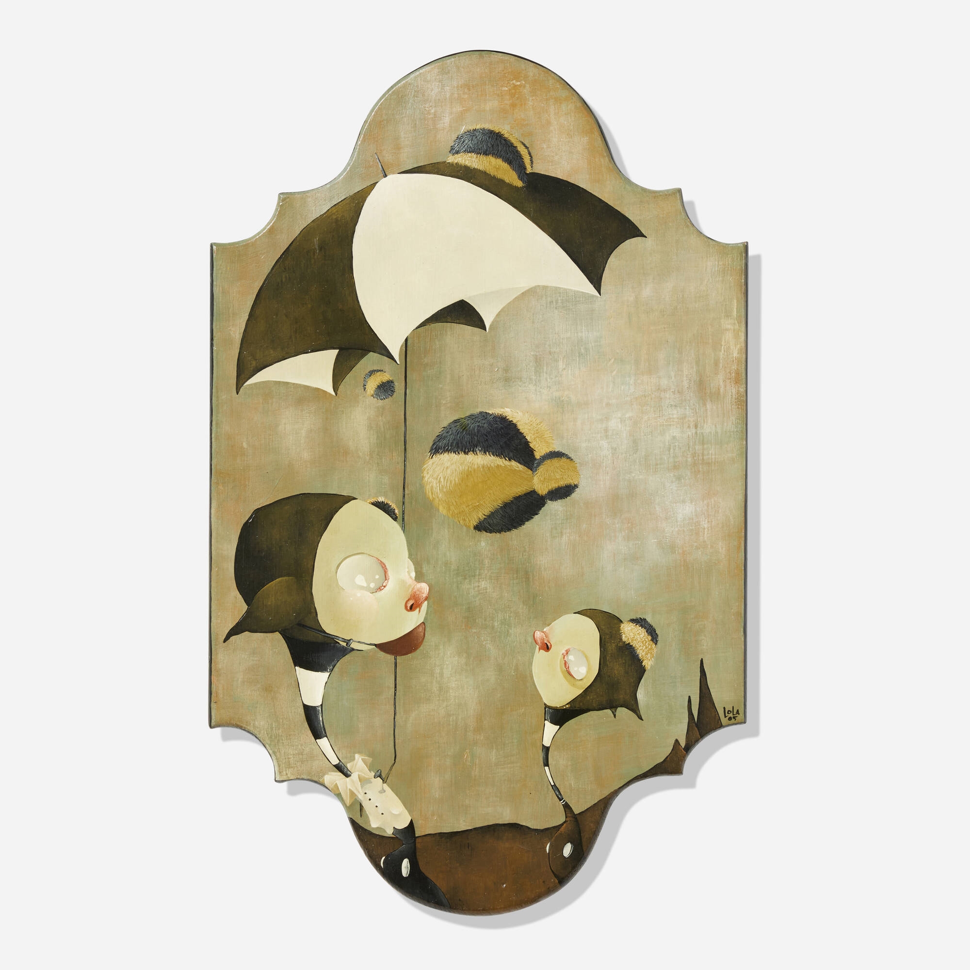 Artwork by Lola Gil, Bees without wings will fall down on things, Made of acrylic on wood