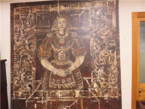 A weathered tapestry featuring a central figure in period clothing surrounded by ornate, chaotic patterns.