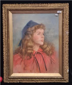 Star Lot: A  . Features a portrait of an elegant young woman. Wonderfully observed with fine detail achieved in the subtle blends of the face, as well as great texture and movement in the sitter's golden hair. 
MM: x cm including frame - Edith Morris
