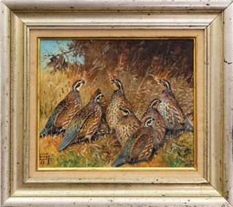 A framed painting of a group of quail in a grassy field.