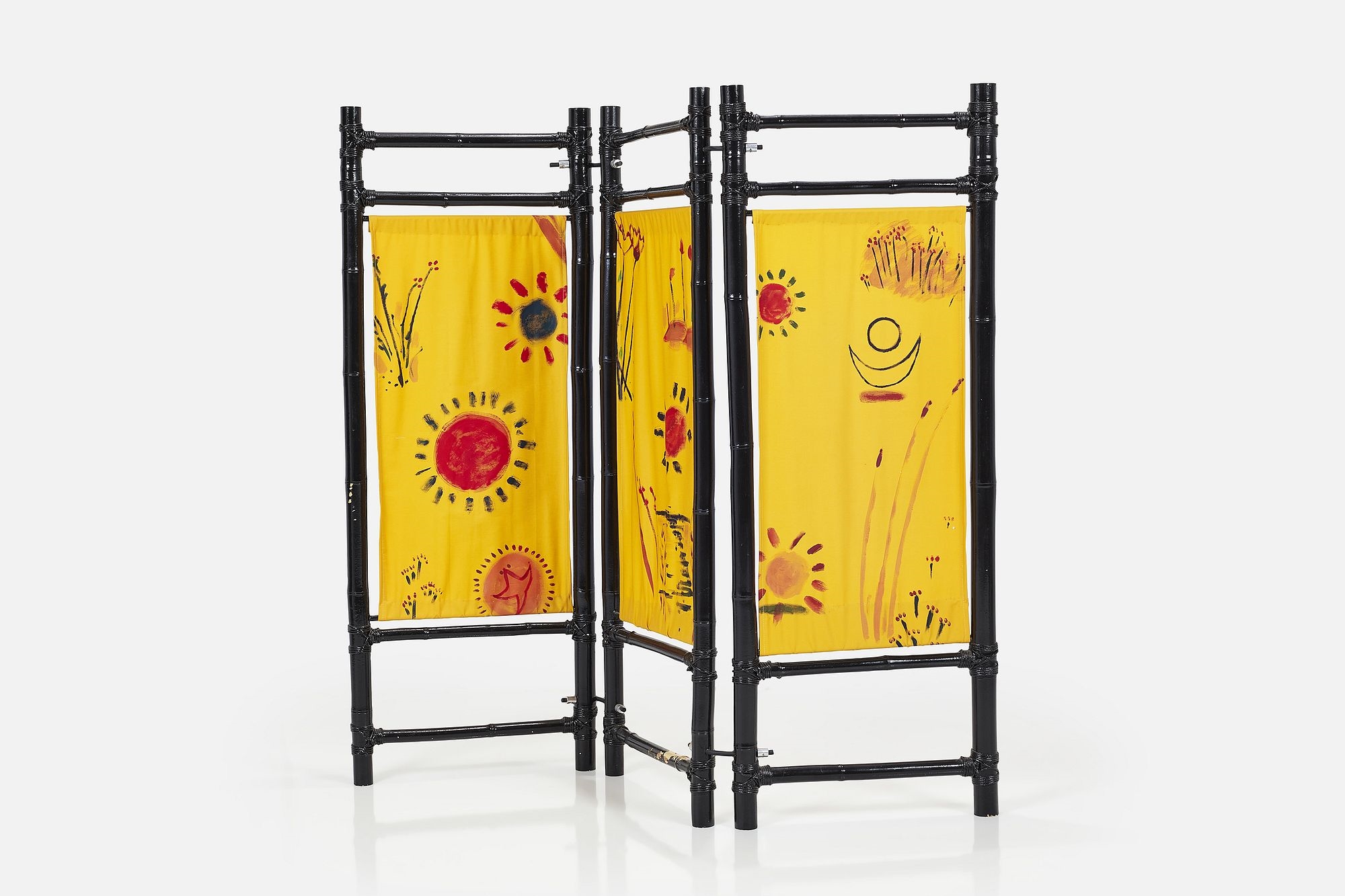 Artwork by Aaron Aujla, Kurt Beers, Benjamin Bloomstein, Three-part folding screen with painting by Kurt Beers, Made of Lacquered bamboo, painted