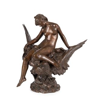 'L'enlevement' / 'Hebe and Jupiter', patinated bronze sculpture, signed LR to rock, Thiebaut Freres/Paris foundry mark to lower back on rock - Jules Pierre Roulleau