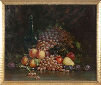 Tabletop still life of a bottle and a compote of fruit - Frederick Mortimer Lamb