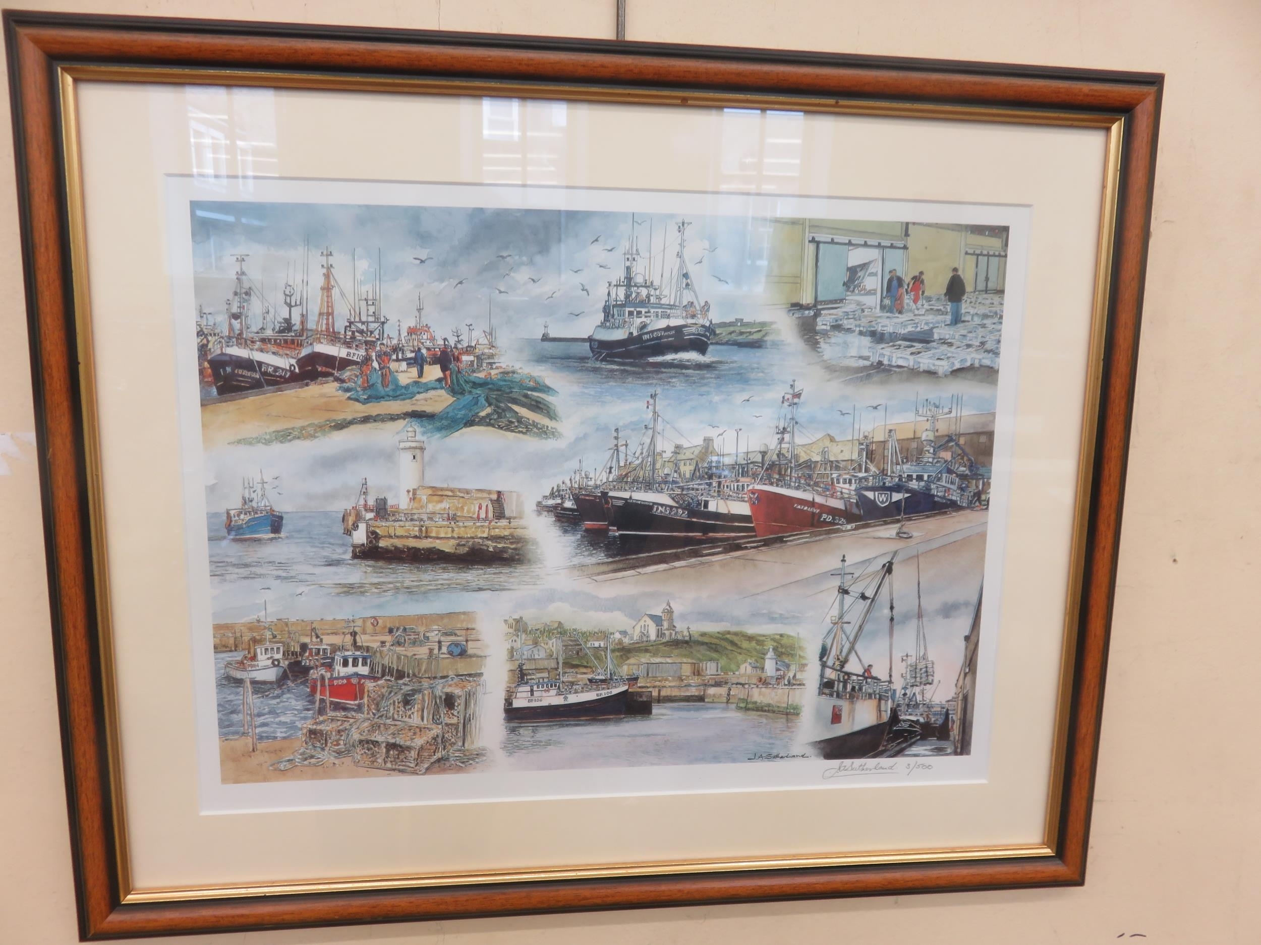 Artwork by J. Sutherland, Pair of Framed Limited Edition Prints - Aberdeen and Shire Harbour Scenes - J. Sutherland, Made of limited edition prints