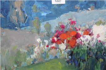 A vibrant floral still life with bold brushstrokes and a vivid color palette.