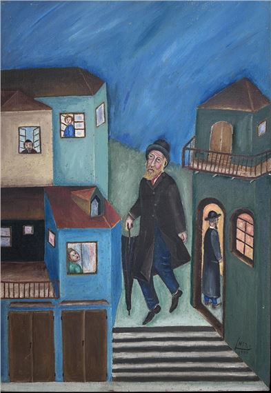 A Jew in an alley oil on canvas - Itzhak Roman
