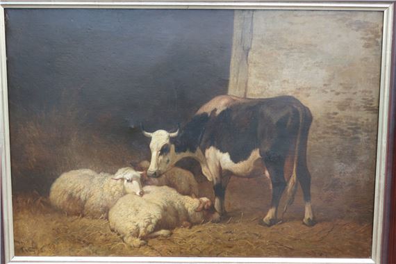 Louis Marie D.R.Robbe (1806-1887) "Cow with sheep in a stable by Louis Marie D.r.robbe, (18)68