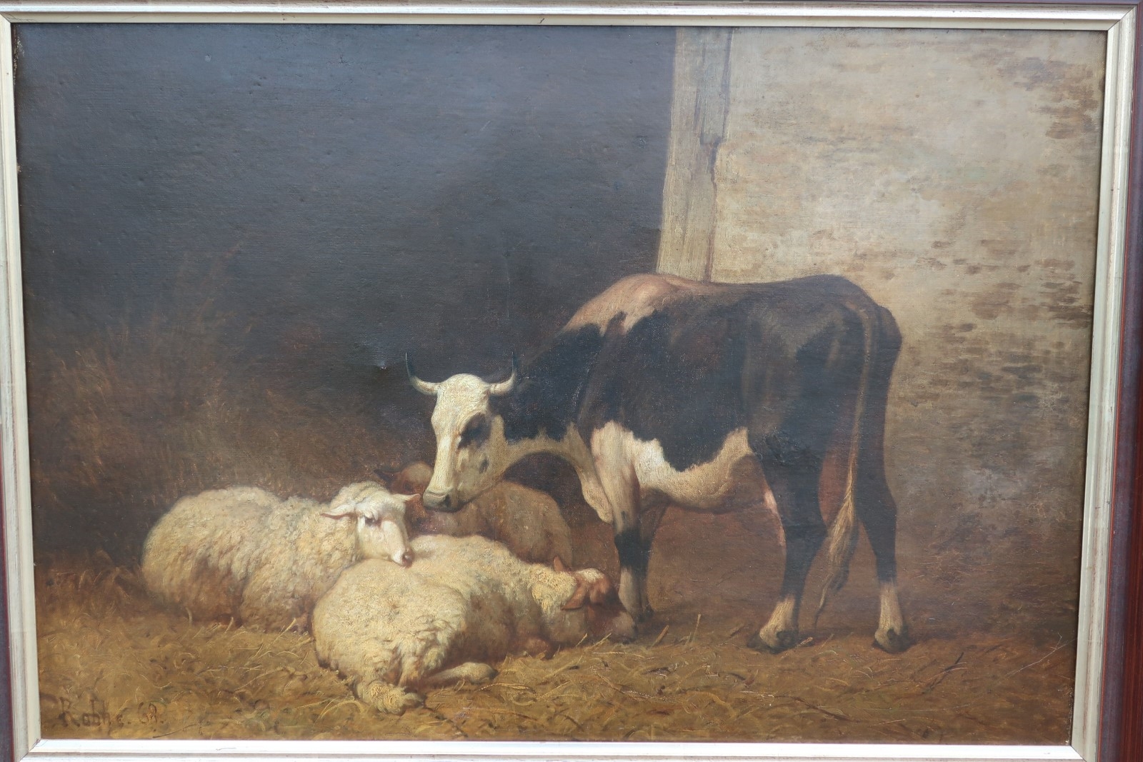 Artwork by Louis Marie D.r.robbe, Louis Marie D.R.Robbe (1806-1887) "Cow with sheep in a stable, Made of oil on canvas