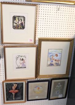 A collection of six framed artworks featuring ballerinas and figures, displayed on a pegboard wall.