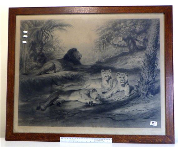 A large oak framed Rosa Bonheur pencil signed lion print sel by Rosa Bonheur