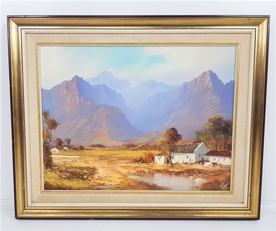 BEAUTIFUL GILT FRAMED OIL PAINTING OF A CAPE MOUNTAIN SCENE SIGNED - Danie Van Niekerk