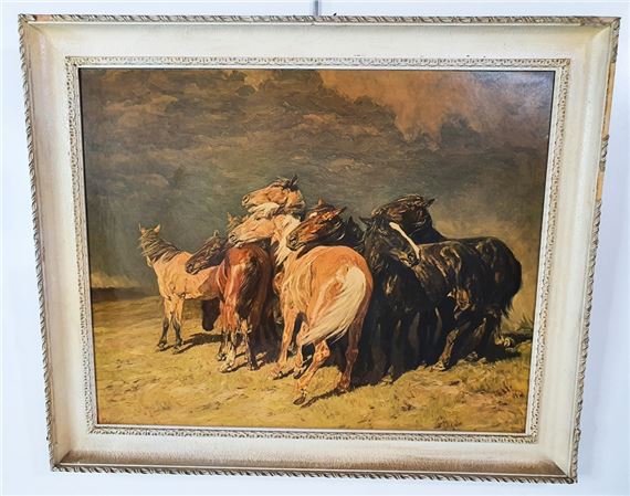BEAUTIFUL WHITE PAINTED FRAMED REPRODUCTION PRINT OF HORSE BEFORE A STORM - Lev Kovalsky