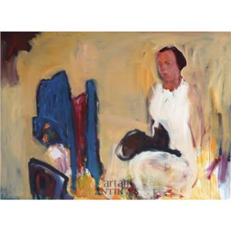 A painterly portrait of a seated figure in white against a warm, abstract background.