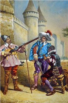 Fine Antique 19th C. French Porcelain Plaque Painting of three 16th-17th C. Spanish or Italian Musketeers by the City Walls, with Wheellock - H. Deprez