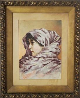 Scuola europea fine 800 inizi 900 ''Busto di ragazza'' Dipinto all'acquarello su cartoncino (h cm 31,5 x 22) F.to C. Stevens. Cornice dorata e lavorata - C. Stevens