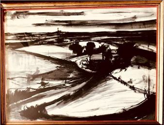 JOHN HERITAGE(?)- 'MONOCHROME LANDSCAPE', INK WASH, SIGNED LOWER MIDDLE, APPROXIMATELY 55 x 74cm - John Heritage