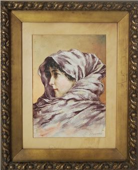 Scuola europea della fine dell'800 - inizi del '900, ''Busto di ragazza''. Dipinto all'acquarello su cartoncino (h cm 31,5 x 22) F.to C. Stevens. Cornice dorata e lavorata - C. Stevens