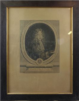 Antica incisione ''Louis Duc de Bourgogne'' da un dipinto di J.F. de Troy e incisa da Chevalier Edelinck. Scuola francesedel 700. Cornice in noce e oro (cm73x58,5 -compresa la cornice - Joseph-Louis Duc