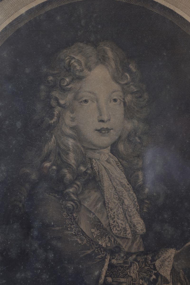 Artwork by Joseph-Louis Duc, Antica incisione ''Louis Duc de Bourgogne'' da un dipinto di J.F. de Troy e incisa da Chevalier Edelinck. Scuola francesedel 700. Cornice in noce e oro (cm73x58,5 -compresa la cornice, Made of incisione