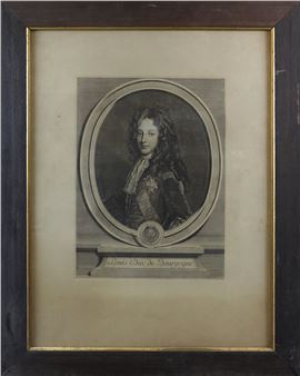 Antica incisione ''Louis Duc de Bourgogne'' da un dipinto di J.F. de Troy e incisa da Chevalier Edelinck. Scuola francesedel 700. Cornice in noce e oro (cm73x58 -compresa la cornice - Joseph-Louis Duc