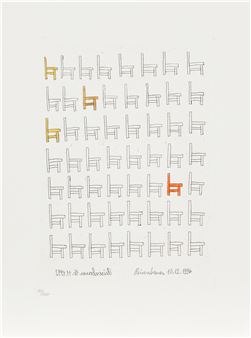 (Kirchau 1938 geb.; lebt in Gugging) "Sessel", 1992/1996, Radierung auf Velin, mit Farbstift koloriert, signiert und datiert Reisenbauer 10.12.1996, in der Platte zusätzlich signiert und 16.11.1992 datiert, Nr. 171 von 200 nummerierten Exemplaren, Plattenmaße 29,7 x 21 cm, Blattmaße 40,5 x 30,4 cm, untere rechte Ecke gering bestoßen - Heinrich Reisenbauer