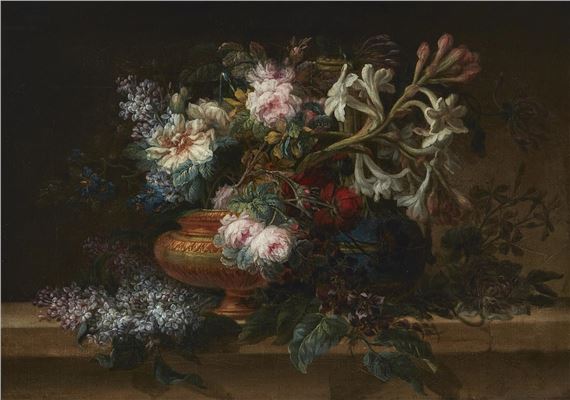 STILL LIFE OF ROSES, LILAC, AND OTHER FLOWERS IN A VASE ON A STONE LEDGE - Joseph-Laurent Malaine