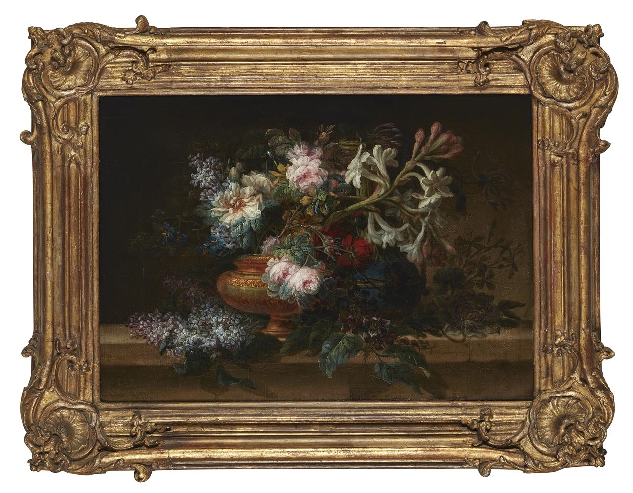 Artwork by Joseph-Laurent Malaine, STILL LIFE OF ROSES, LILAC, AND OTHER FLOWERS IN A VASE ON A STONE LEDGE, Made of Oil on canvas