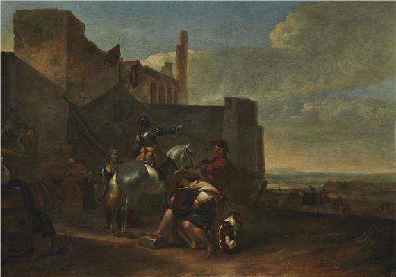 SOLDIER IN ARMOUR ON HORSEBACK OUTSIDE A WALLED TOWN by Hendrick Verschuring