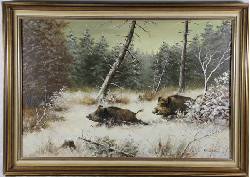 Artwork by Karl Hans Boese, Wildschweine auf einer verschneiten Waldlichtung, Made of oil on canvas
