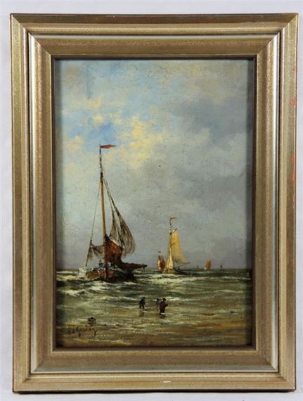 Fischer beim Einholen eines Bootes in der Brandung am Strandufer, im Hintergrund weitere Segelboote by Hendrik Willem Mesdag