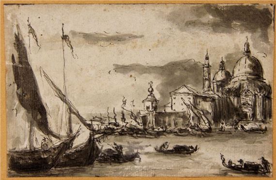 Santa Maria della Salute, im Vordergrund der Kanal mit Gondeln und Booten by Francesco Guardi