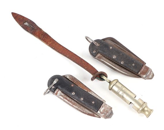 A 1940 dated J. Hudson & Co. whistle with Sam Browne strap and two British Army penknives (3 - J. Hudson