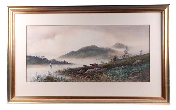 Edwin St John (1878-1961) - Highland Landscape with Cattle Next to a River Bank - watercolour by Edwin St. John