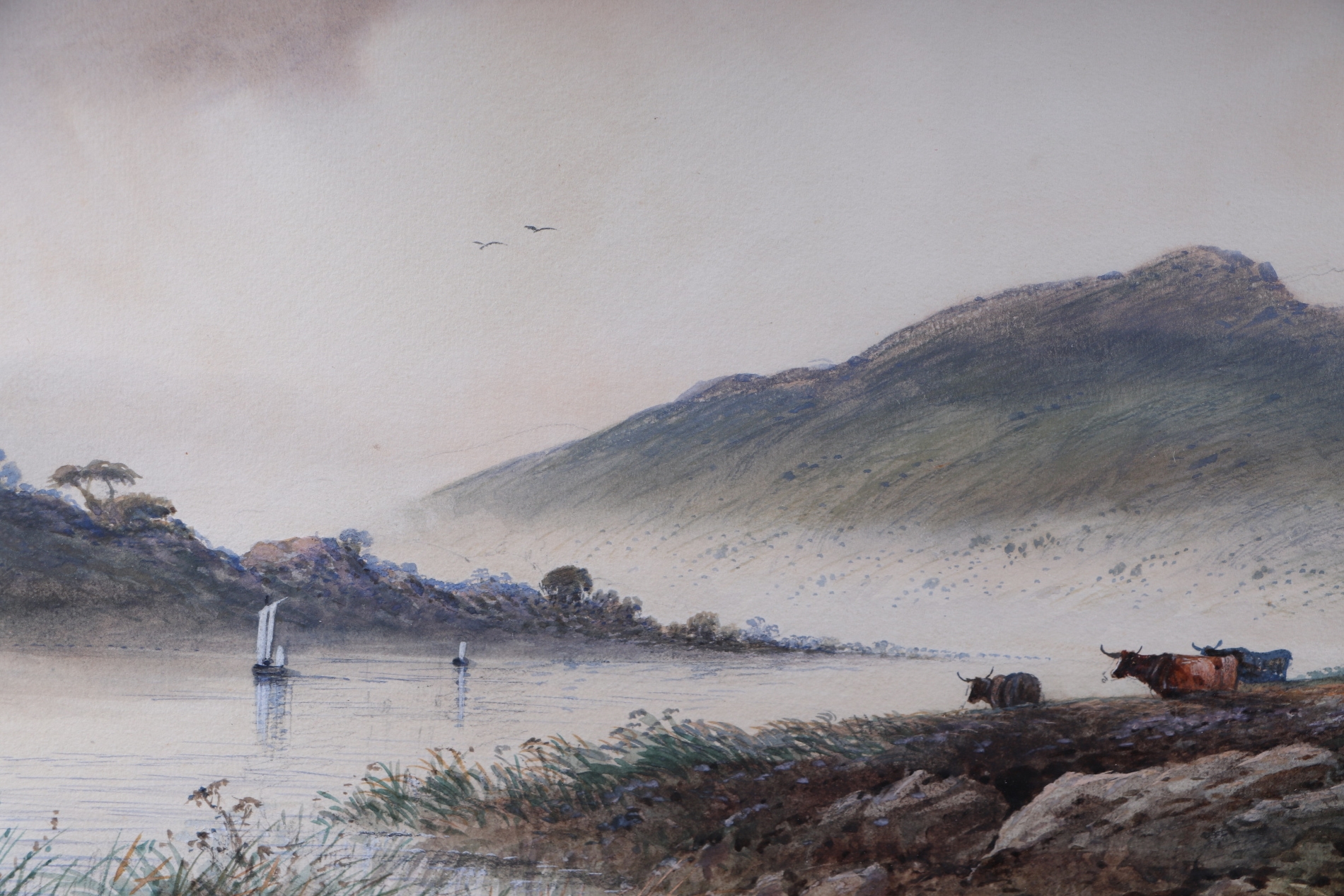 Artwork by Edwin St. John, Edwin St John (1878-1961) - Highland Landscape with Cattle Next to a River Bank - watercolour, Made of watercolour