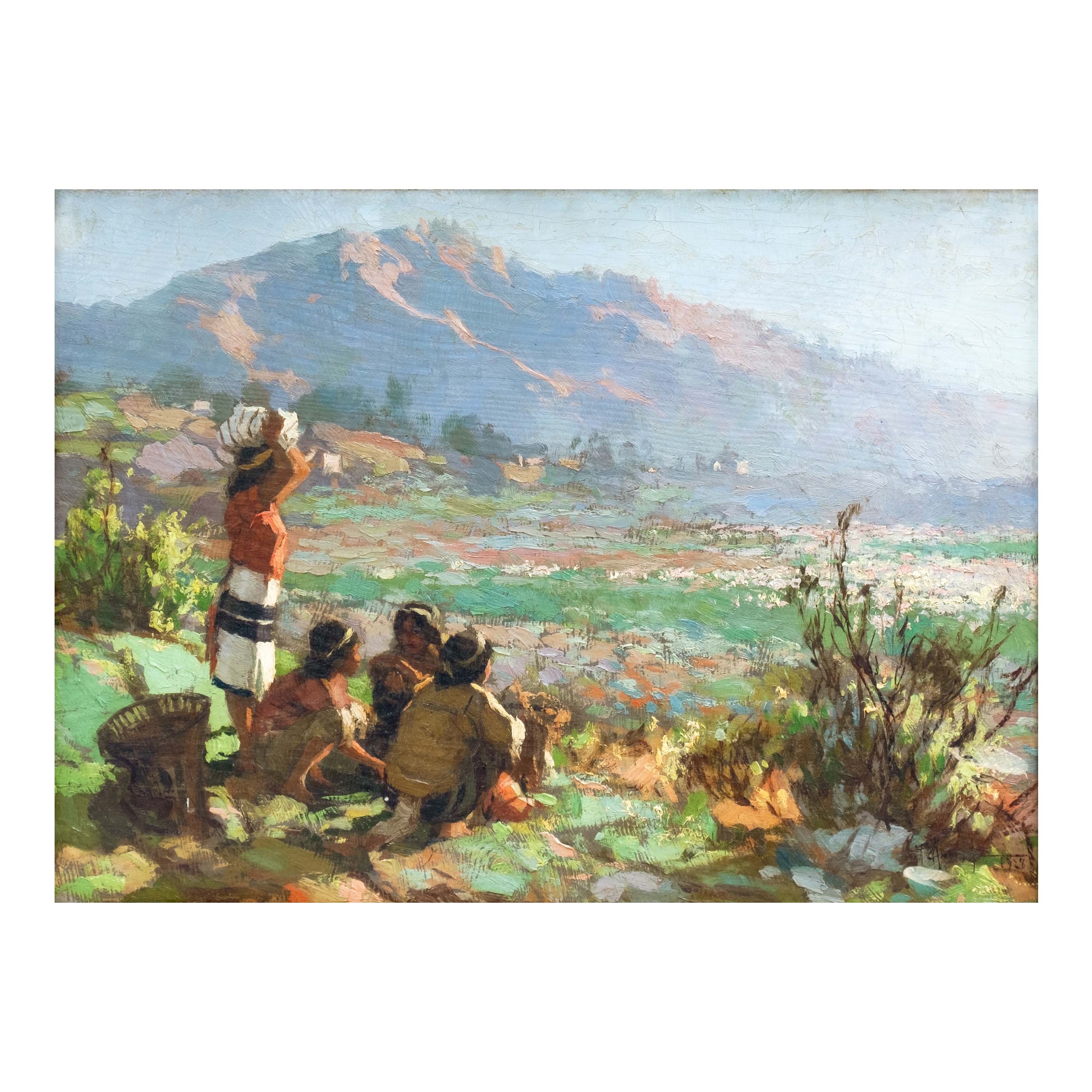 Artwork by Fernando Amorsolo, Igorots Overlooking the Cordilleras, Made of oil on wood