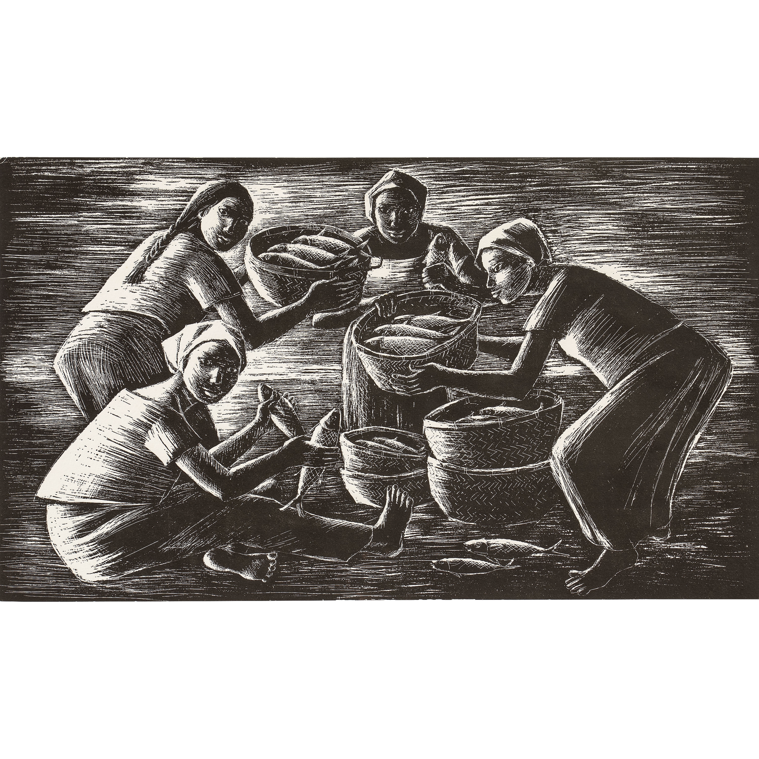 Artwork by Anita Magsaysay-Ho, Untitled (Fish Vendors, Made of Woodblock