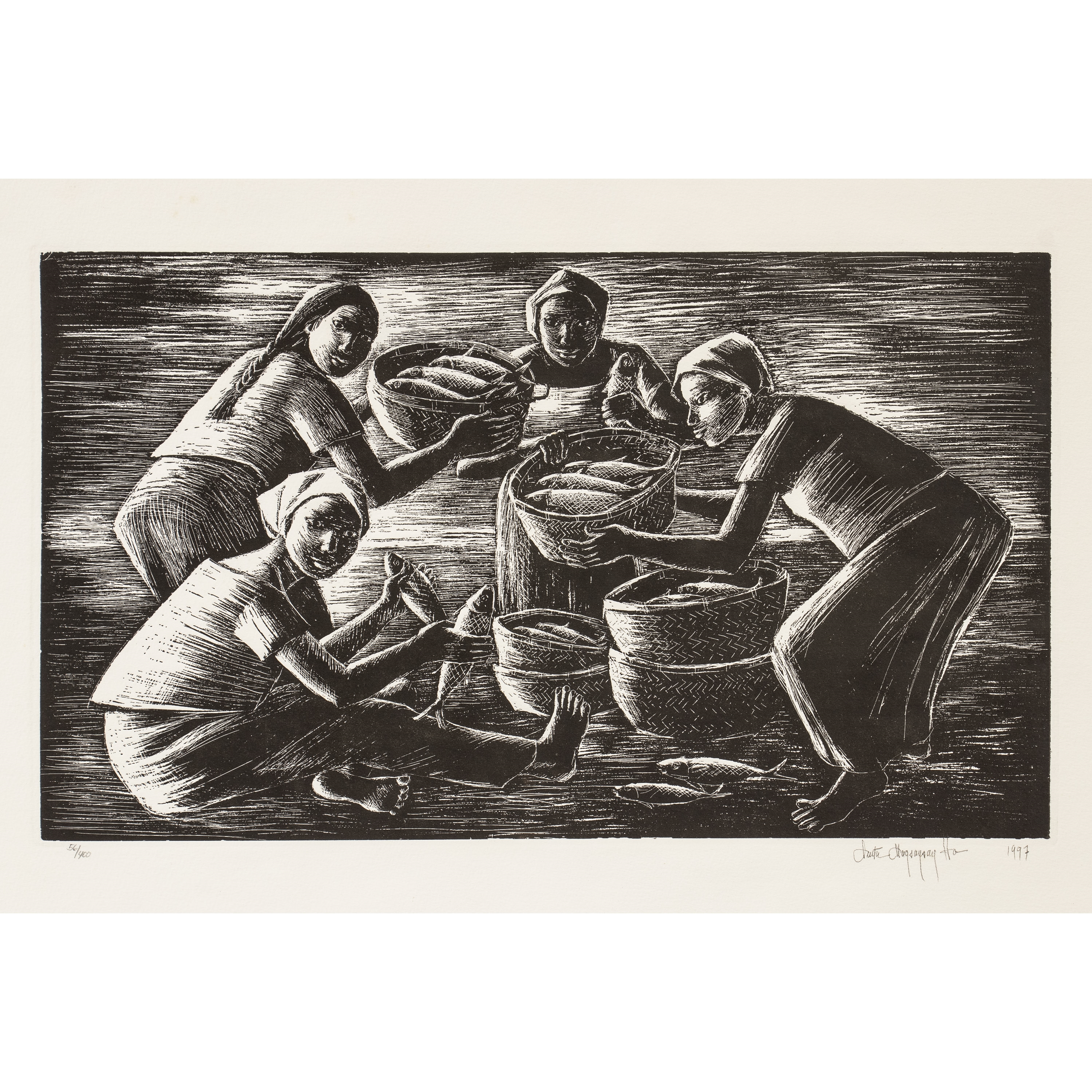 Artwork by Anita Magsaysay-Ho, Untitled (Fish Vendors, Made of Woodblock