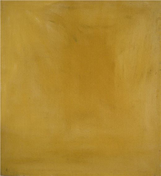 A minimalist abstract painting dominated by a warm, textured yellow field.