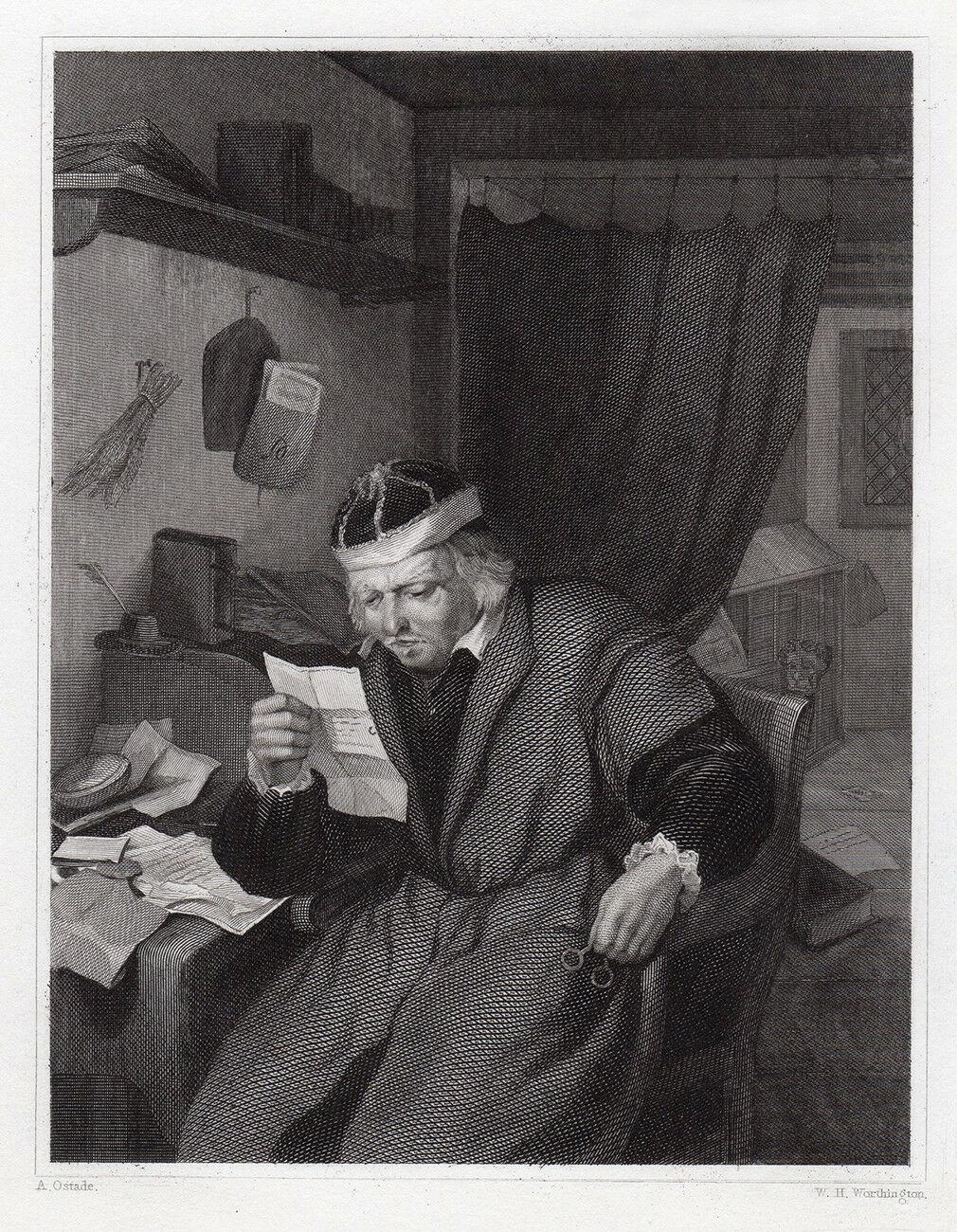 Artwork by Adriaen van Ostade, An Advocate in his Study, Made of Antique steel engraving on wove paper after the original oil on canvas