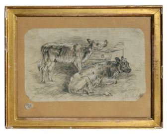 John Belcher (?) - Study of Two Calves - indistinctly signed lower right, pencil sketch, framed - John Belcher