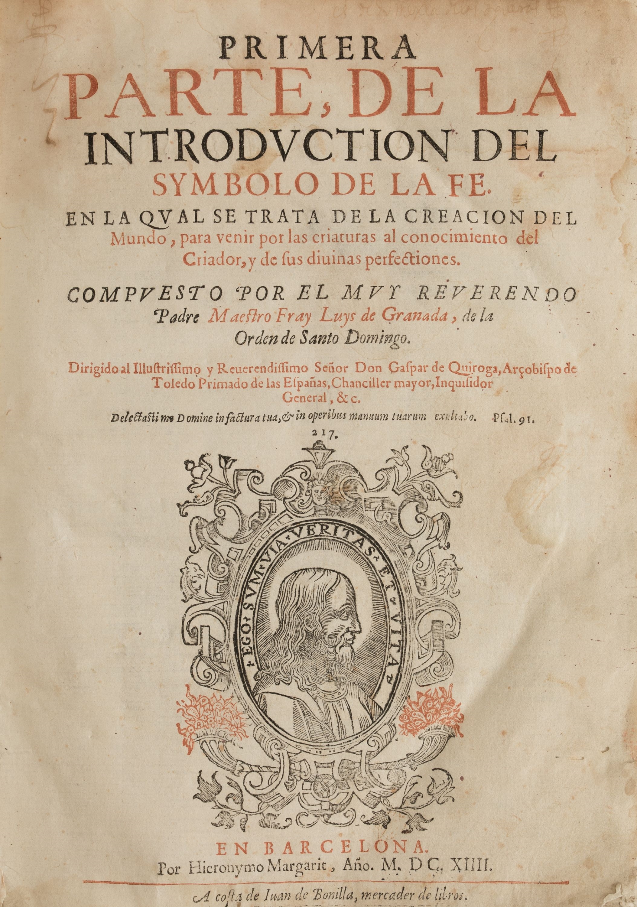Artwork by Fray Luis de Granada, "Introduccion del symbolo de la Fe ...", 1614. Dividido en 5 partes.