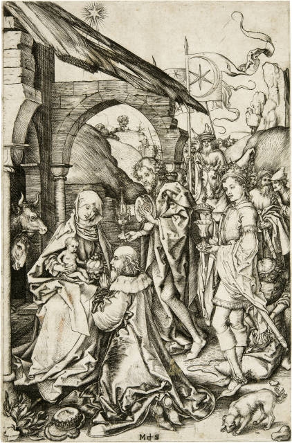 Artwork by Martin Schongauer, Die Anbetung der Könige - The Adoration of the Magi, Made of engraving on laid paper