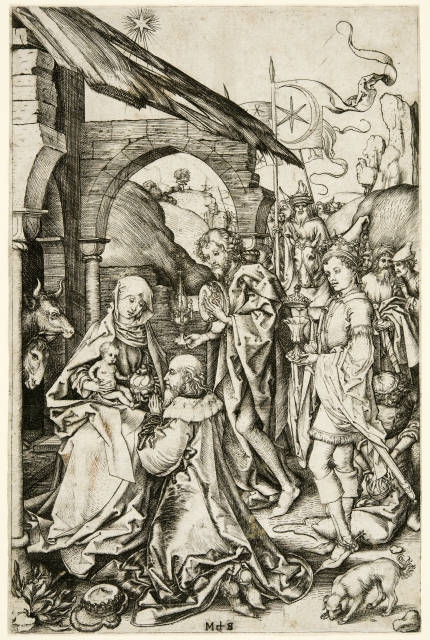 Artwork by Martin Schongauer, Die Anbetung der Könige - The Adoration of the Magi, Made of engraving on laid paper